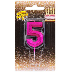 Свеча Цифра 5, Диамант Маджента, 4,5 см, 1 шт.
