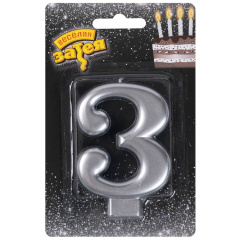 Свеча Цифра 3, Серебро, 8 см, 1 шт.
